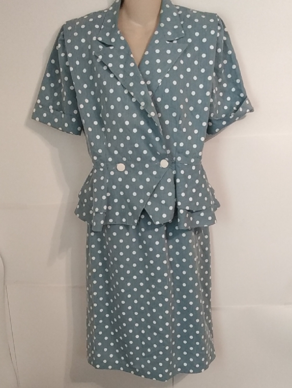 Blue White Polka Dot Peplum Skirt  Blazer Vtg 80s Does 40s Mobwife Max